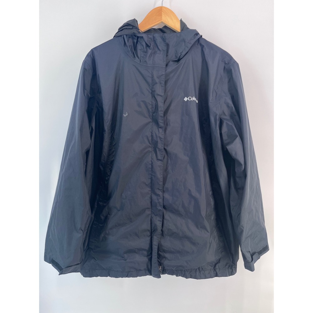 Columbia Mens 2X Black Rain Jacket Hooded Mesh Lined Windbreaker Full Zip Shell